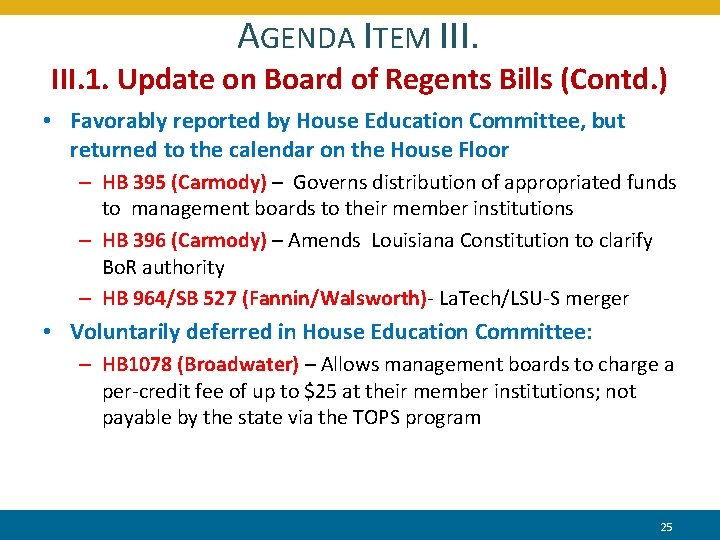 AGENDA ITEM III. 1. Update on Board of Regents Bills (Contd. ) • Favorably