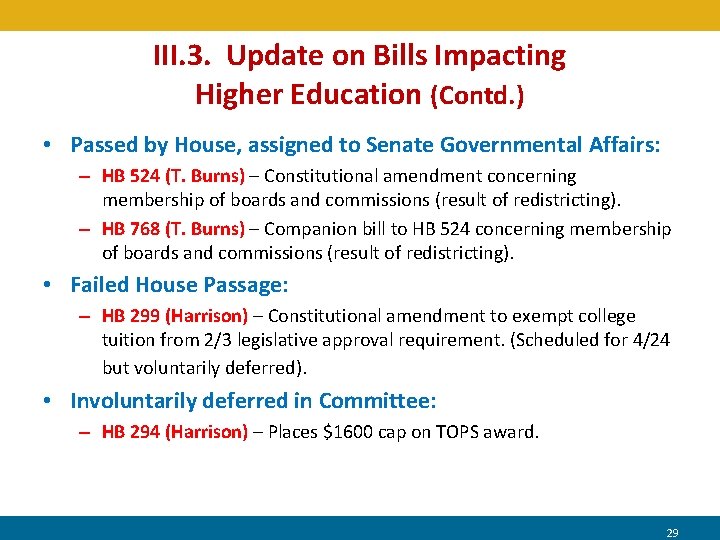 III. 3. Update on Bills Impacting Higher Education (Contd. ) • Passed by House,