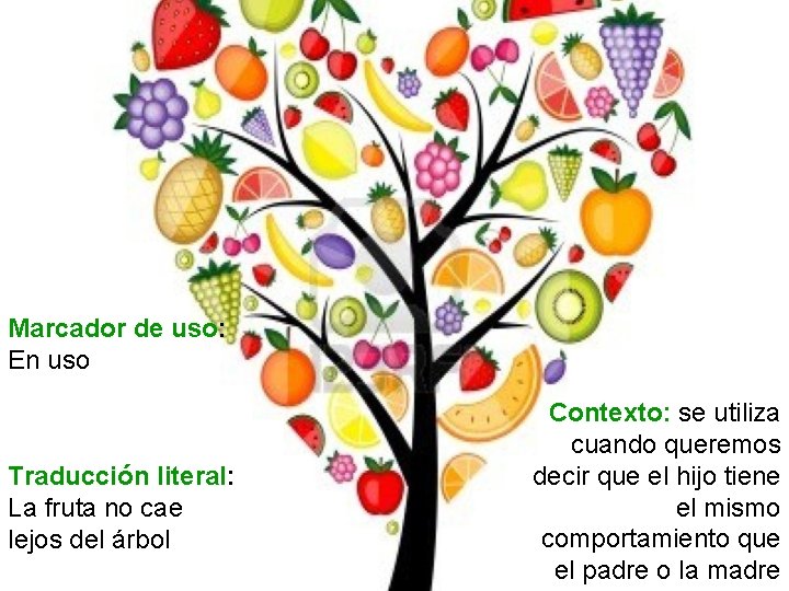 Marcador de uso: En uso Traducción literal: La fruta no cae lejos del árbol