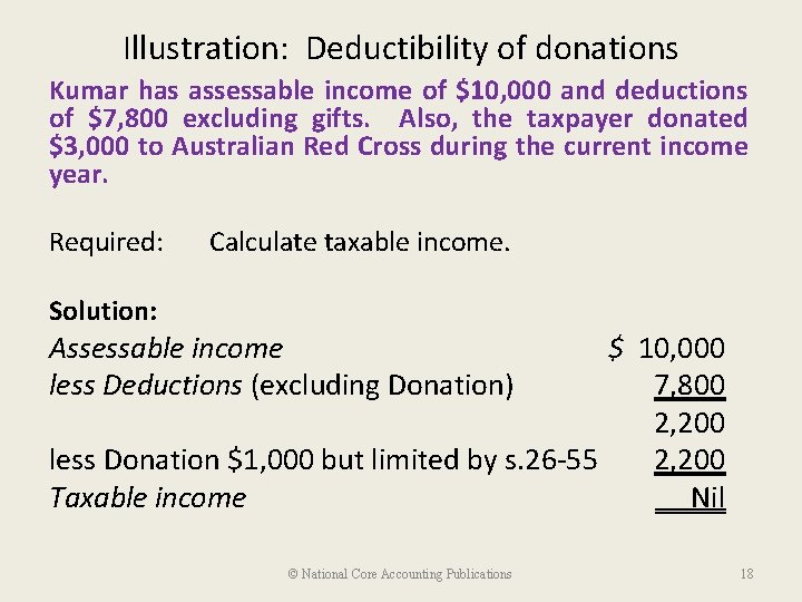 Illustration: Deductibility of donations Kumar has assessable income of $10, 000 and deductions of