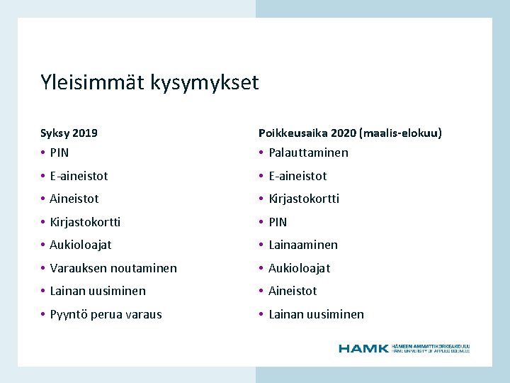 Syksy 2019 Poikkeusaika 2020 (maalis-elokuu) • PIN • Palauttaminen • E-aineistot • Aineistot •