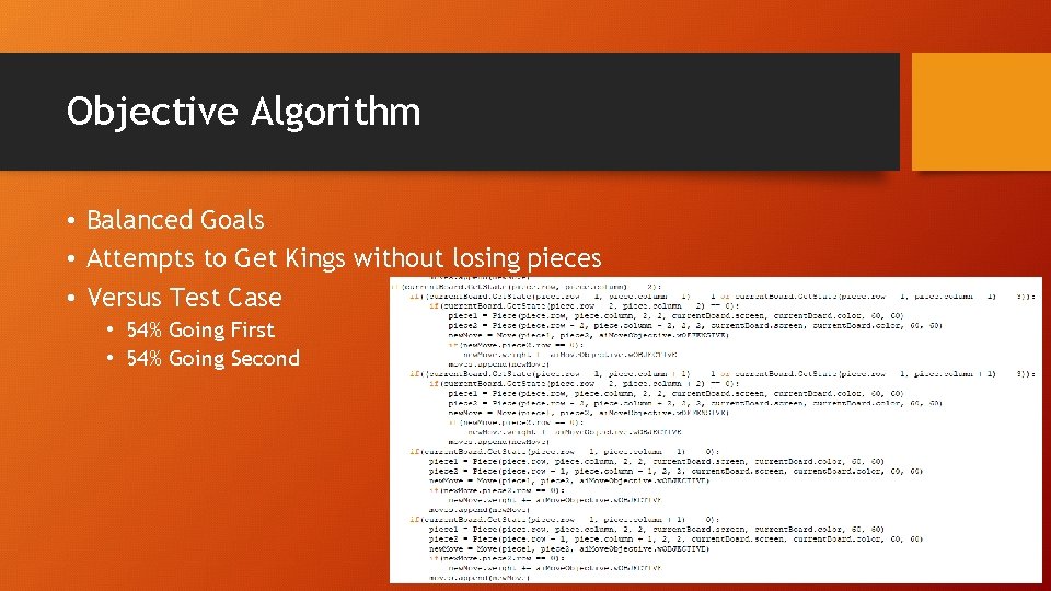 Objective Algorithm • Balanced Goals • Attempts to Get Kings without losing pieces •