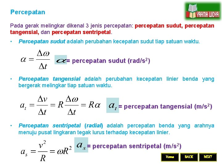 Percepatan Pada gerak melingkar dikenal 3 jenis percepatan: percepatan sudut, percepatan tangensial, dan percepatan