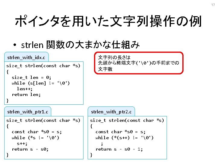 17 ポインタを用いた文字列操作の例 • strlen 関数の大まかな仕組み strlen_with_idx. c size_t strlen(const char *s) { size_t len