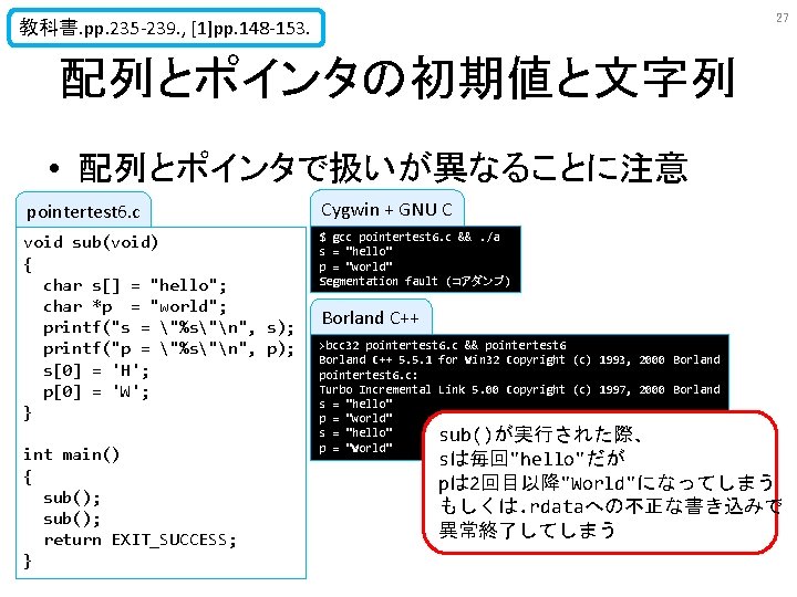 27 教科書. pp. 235 -239. , [1]pp. 148 -153. 配列とポインタの初期値と文字列 • 配列とポインタで扱いが異なることに注意 pointertest 6.