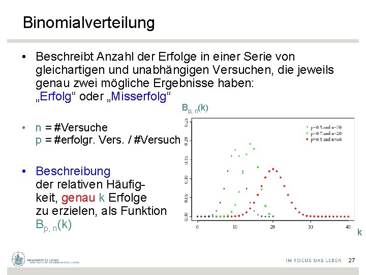 Binomialverteilung • Beschreibt Anzahl der Erfolge in einer Serie von gleichartigen und unabhängigen Versuchen,