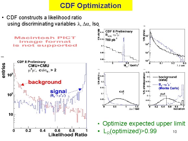 CDF Optimization • CDF constructs a likelihood ratio using discriminating variables l, Da, Iso