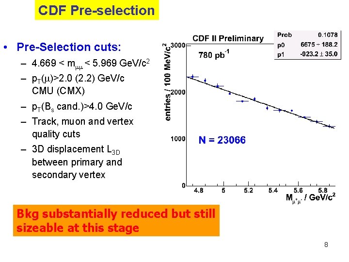 CDF Pre-selection • Pre-Selection cuts: – 4. 669 < m < 5. 969 Ge.