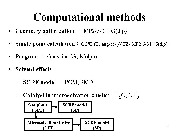 Computational methods • Geometry optimization ： MP 2/6 -31+G(d, p) • Single point calculation：CCSD(T)/aug-cc-p.