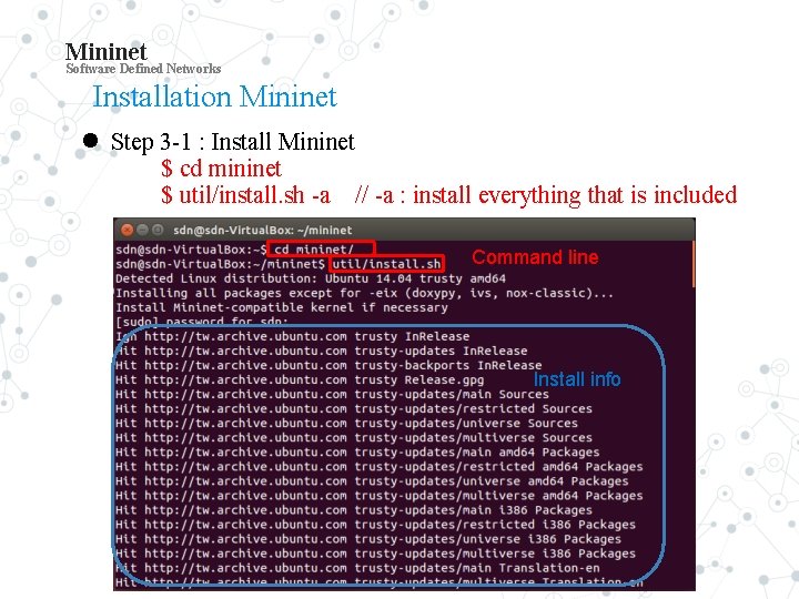 Mininet Software Defined Networks Installation Mininet Step 3 -1 : Install Mininet $ cd