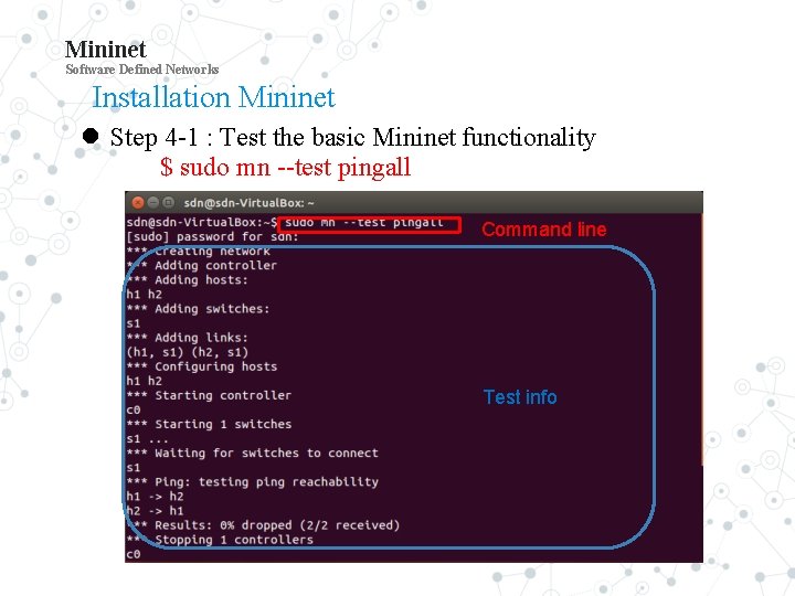 Mininet Software Defined Networks Installation Mininet Step 4 -1 : Test the basic Mininet