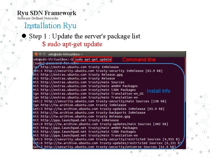 Ryu SDN Framework Software Defined Networks Installation Ryu Step 1 : Update the server's