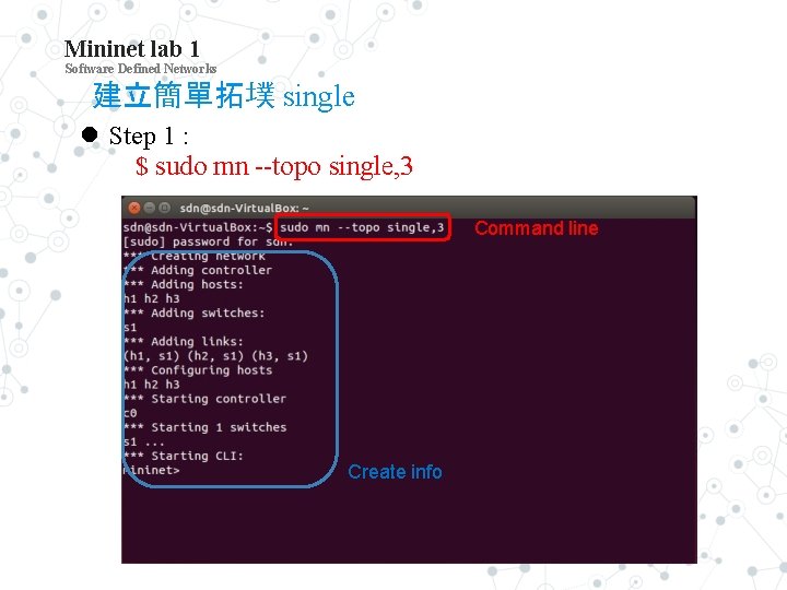 Mininet lab 1 Software Defined Networks 建立簡單拓墣 single Step 1 : $ sudo mn