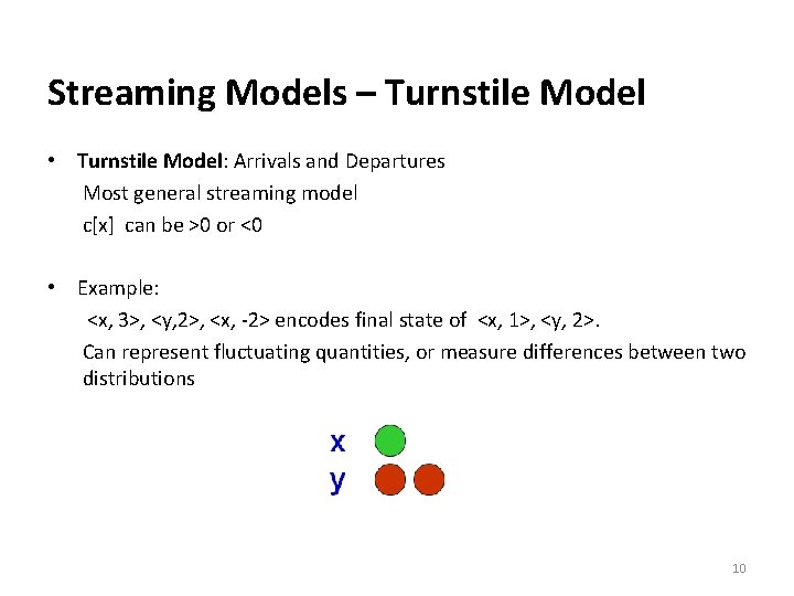 Streaming Models – Turnstile Model • Turnstile Model: Arrivals and Departures Most general streaming