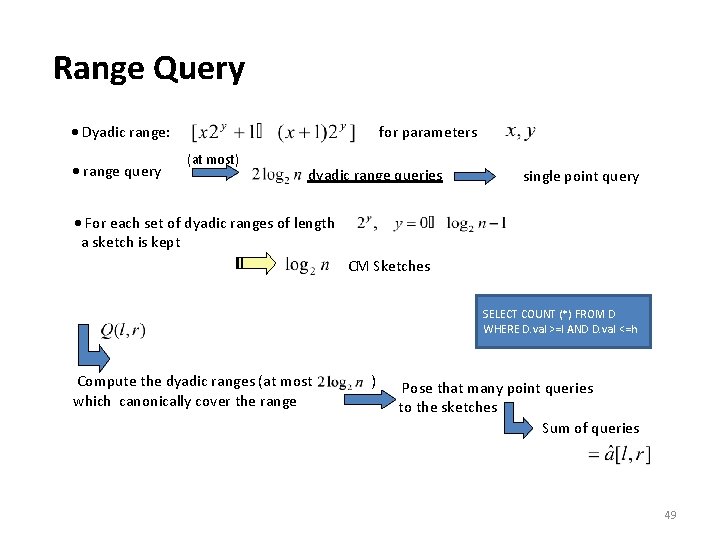 Range Query Dyadic range: range query for parameters (at most) dyadic range queries single