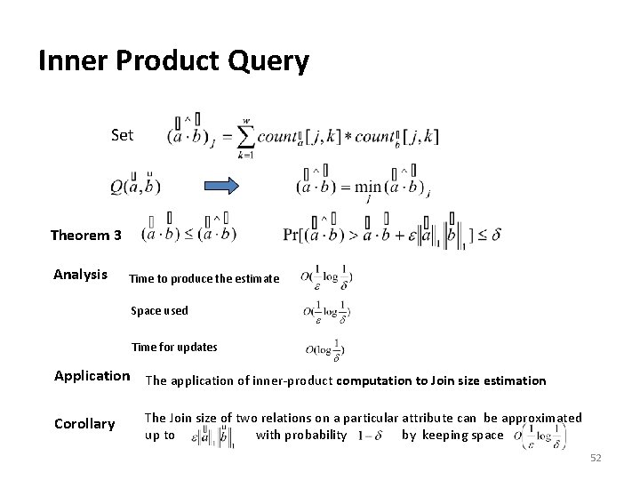Inner Product Query Set Theorem 3 Analysis Time to produce the estimate Space used