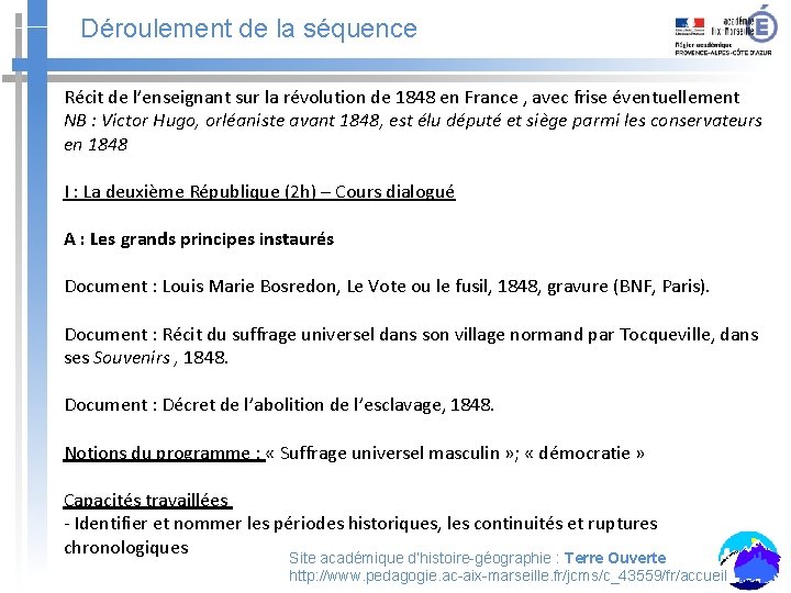 Déroulement de la séquence Récit de l’enseignant sur la révolution de 1848 en France