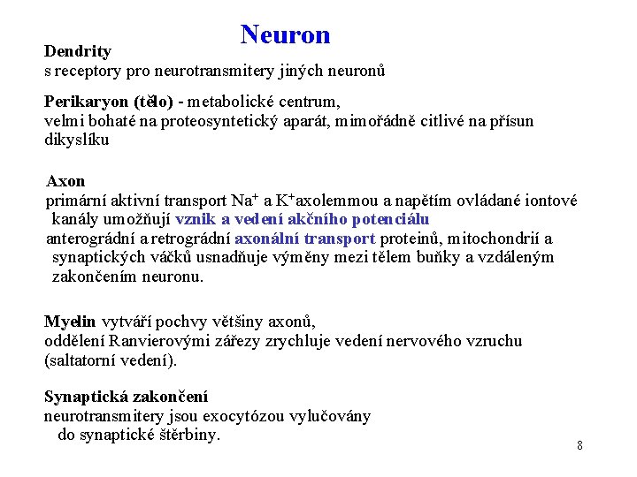 Neuron Dendrity s receptory pro neurotransmitery jiných neuronů Perikaryon (tělo) - metabolické centrum, velmi