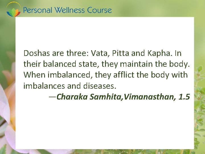 Doshas are three: Vata, Pitta and Kapha. In their balanced state, they maintain the