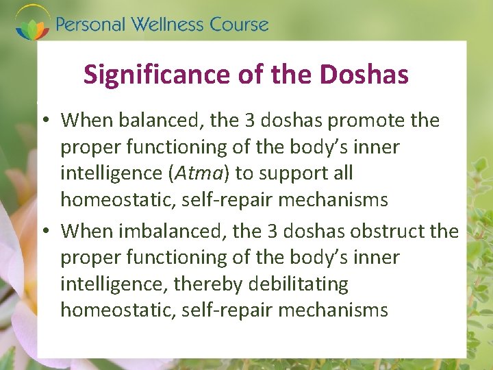 Significance of the Doshas • When balanced, the 3 doshas promote the proper functioning