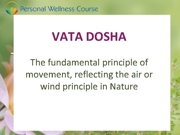 VATA DOSHA The fundamental principle of movement, reflecting the air or wind principle in