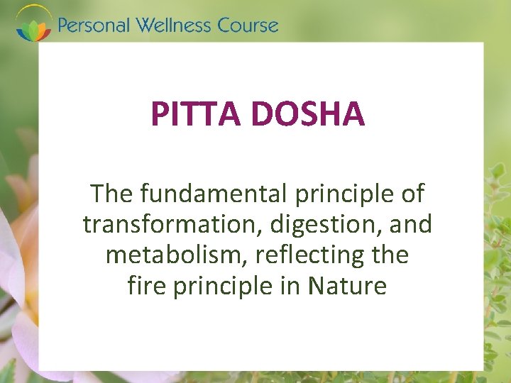 PITTA DOSHA The fundamental principle of transformation, digestion, and metabolism, reflecting the fire principle