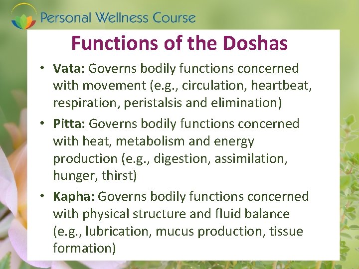 Functions of the Doshas • Vata: Governs bodily functions concerned with movement (e. g.