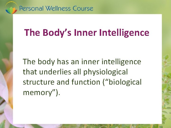 The Body’s Inner Intelligence The body has an inner intelligence that underlies all physiological