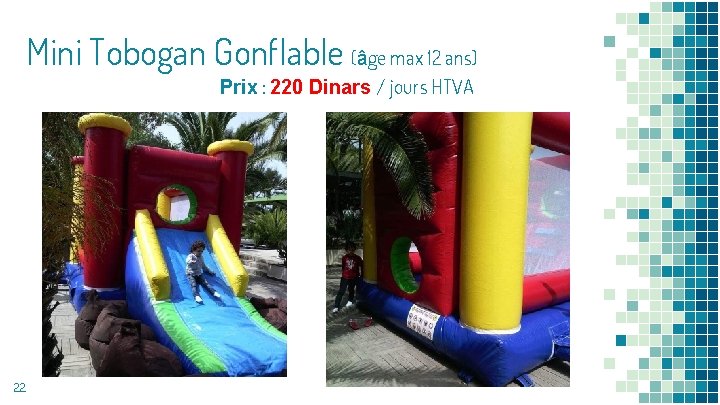 Mini Tobogan Gonflable (âge max 12 ans) Prix : 220 Dinars / jours HTVA