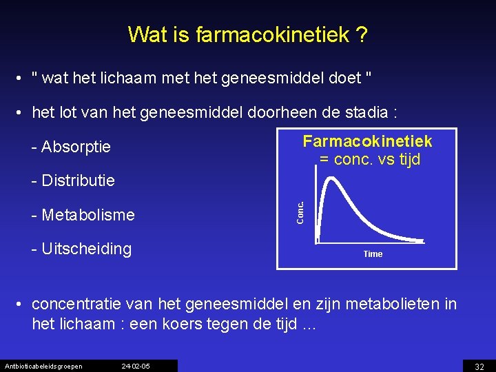 Wat is farmacokinetiek ? • " wat het lichaam met het geneesmiddel doet "