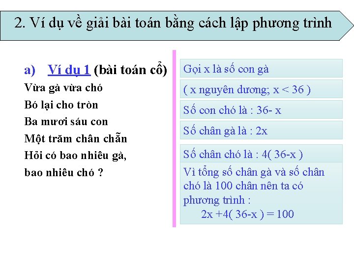 2. Ví dụ về giải bài toán bằng cách lập phương trình a) Ví