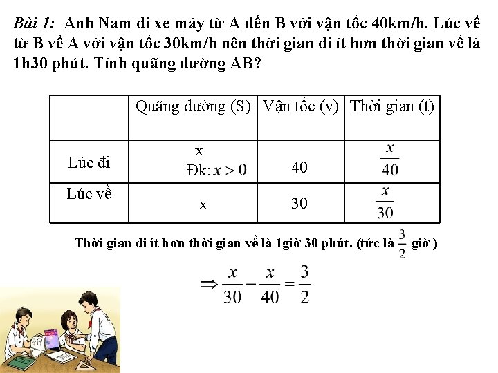 Bài 1: Anh Nam đi xe máy từ A đến B với vận tốc