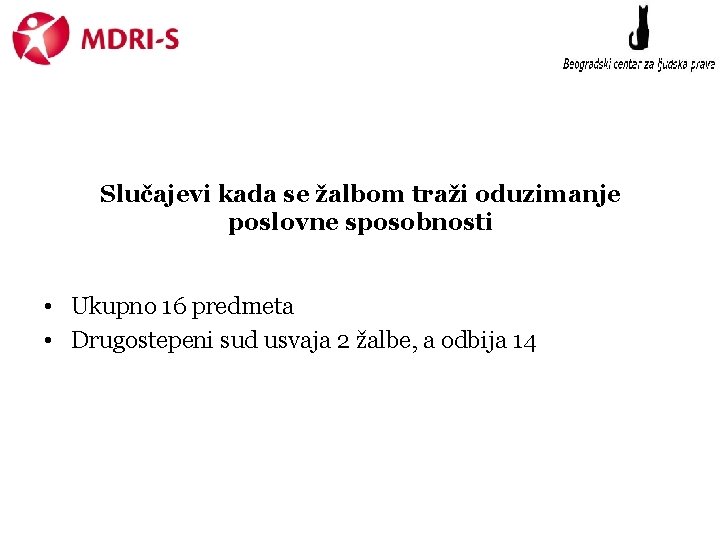 Slučajevi kada se žalbom traži oduzimanje poslovne sposobnosti • Ukupno 16 predmeta • Drugostepeni