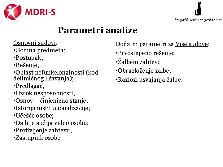 Parametri analize Osnovni sudovi: • Godina predmeta; • Postupak; • Rešenje; • Oblast nefunkcionalnosti