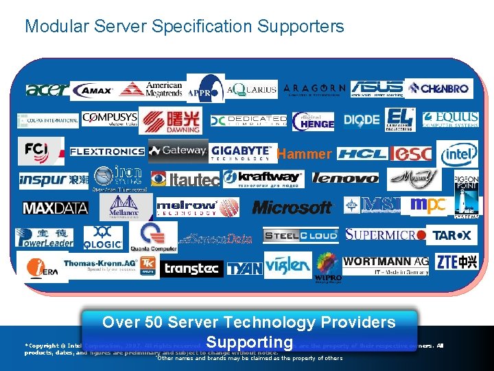 Modular Server Specification Supporters Hammer Over 50 Server Technology Providers Supporting *Copyright © Intel