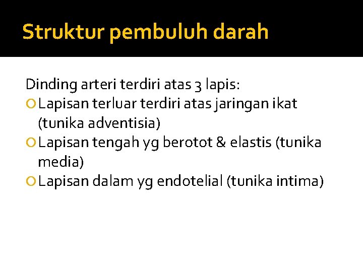 Struktur pembuluh darah Dinding arteri terdiri atas 3 lapis: Lapisan terluar terdiri atas jaringan