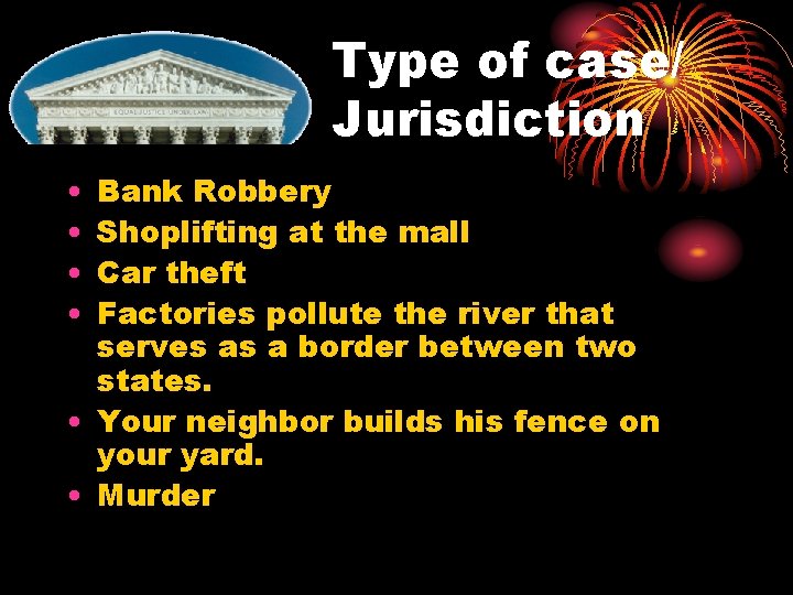 Type of case/ Jurisdiction • • Bank Robbery Shoplifting at the mall Car theft