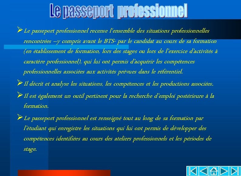 ØLe passeport professionnel recense l'ensemble des situations professionnelles rencontrées –y compris avant le BTS- ØLe passeport professionnel recense l'ensemble des situations professionnelles rencontrées –y compris avant le BTS-