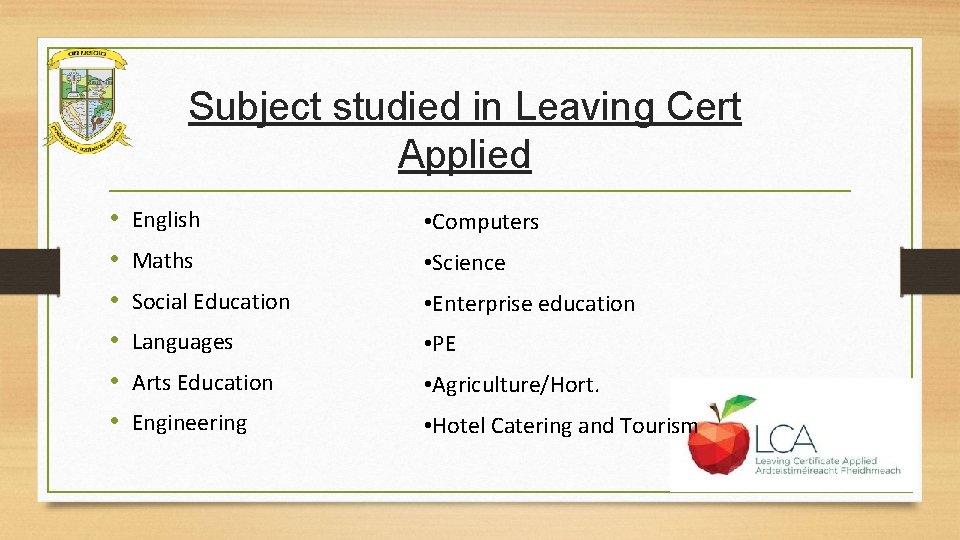 Subject studied in Leaving Cert Applied • • • English • Computers Maths •