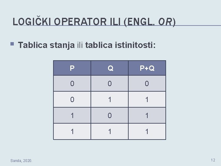 LOGIČKI OPERATOR ILI (ENGL. OR) § Tablica stanja ili tablica istinitosti: Sanda, 2020. P