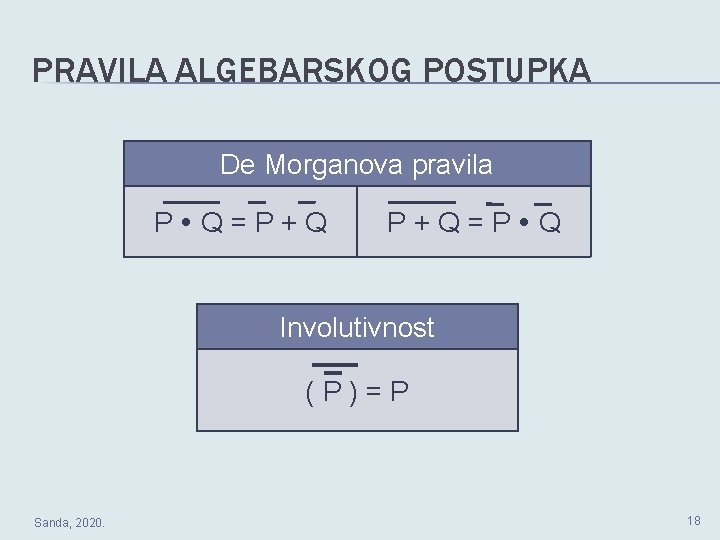 PRAVILA ALGEBARSKOG POSTUPKA De Morganova pravila P Q=P+Q P+Q=P Q Involutivnost (P)=P Sanda, 2020.