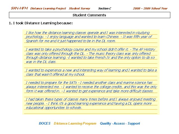 SAN-HFM Distance Learning Project Student Survey Section C 2008 – 2009 School Year Student