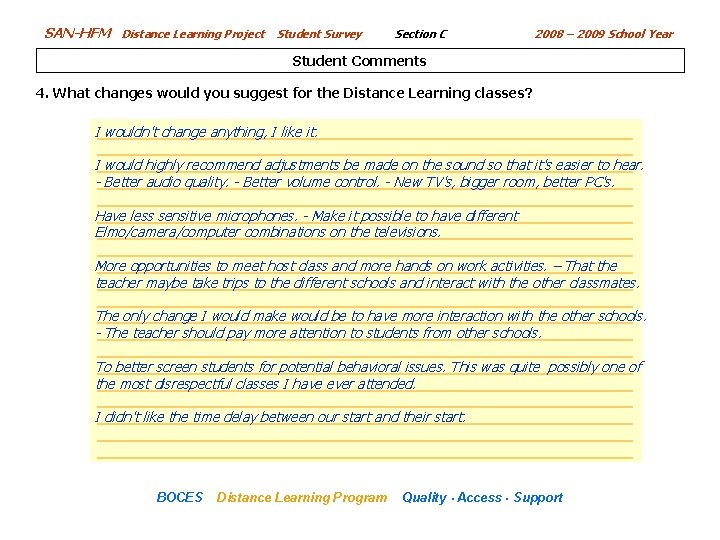 SAN-HFM Distance Learning Project Student Survey Section C 2008 – 2009 School Year Student