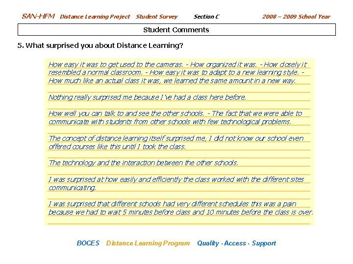 SAN-HFM Distance Learning Project Student Survey Section C 2008 – 2009 School Year Student