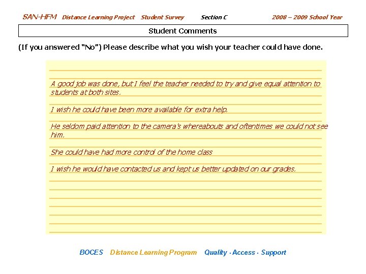 SAN-HFM Distance Learning Project Student Survey Section C 2008 – 2009 School Year Student