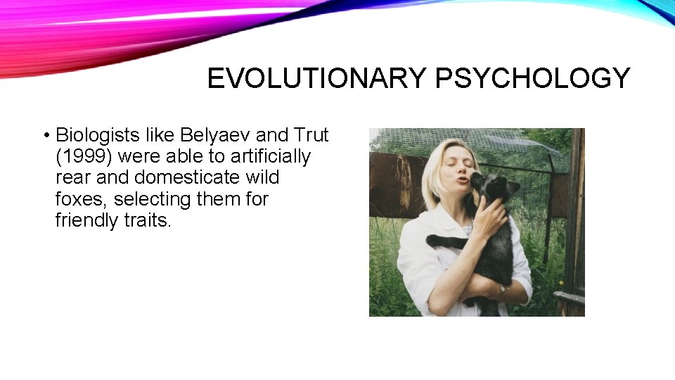 EVOLUTIONARY PSYCHOLOGY • Biologists like Belyaev and Trut (1999) were able to artificially rear