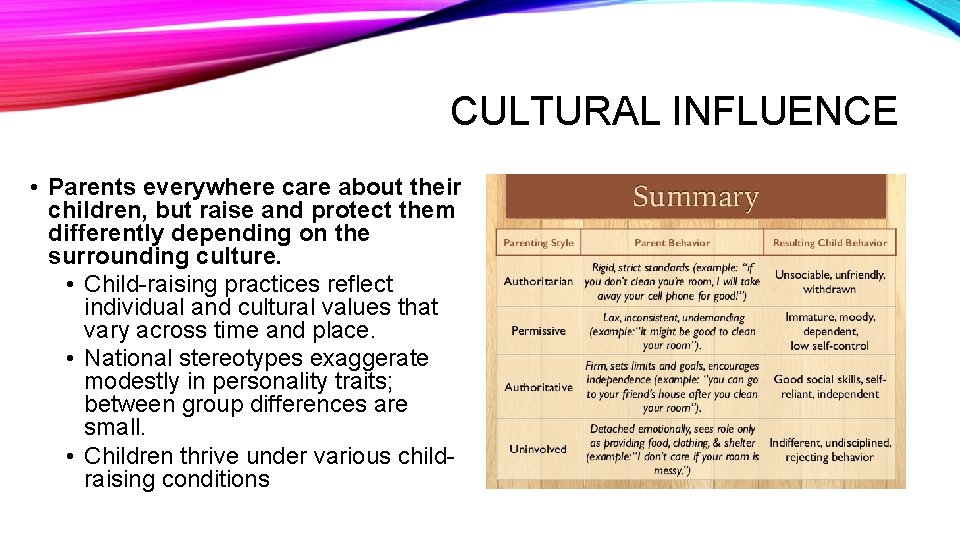CULTURAL INFLUENCE • Parents everywhere care about their children, but raise and protect them