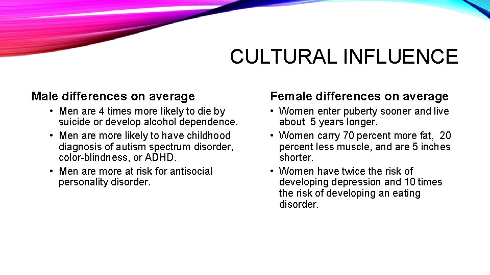 CULTURAL INFLUENCE Male differences on average • Men are 4 times more likely to