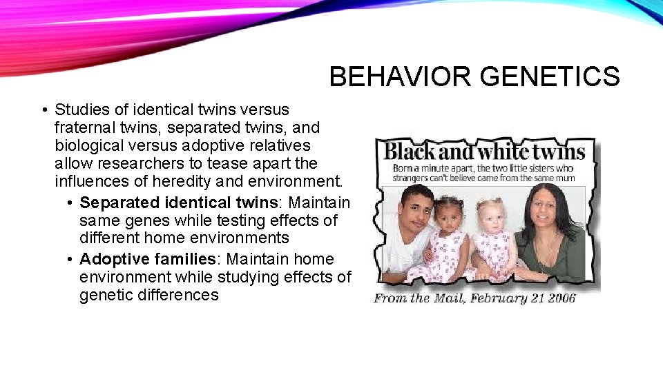 BEHAVIOR GENETICS • Studies of identical twins versus fraternal twins, separated twins, and biological
