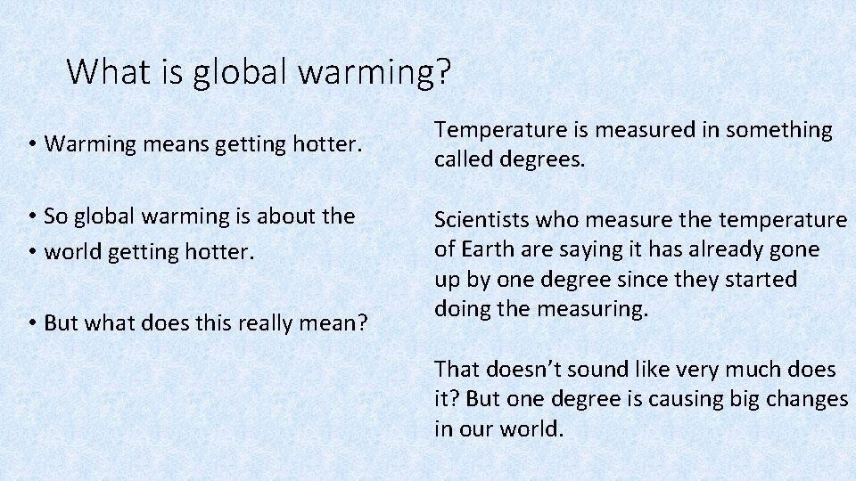 What is global warming? • Warming means getting hotter. • So global warming is What is global warming? • Warming means getting hotter. • So global warming is